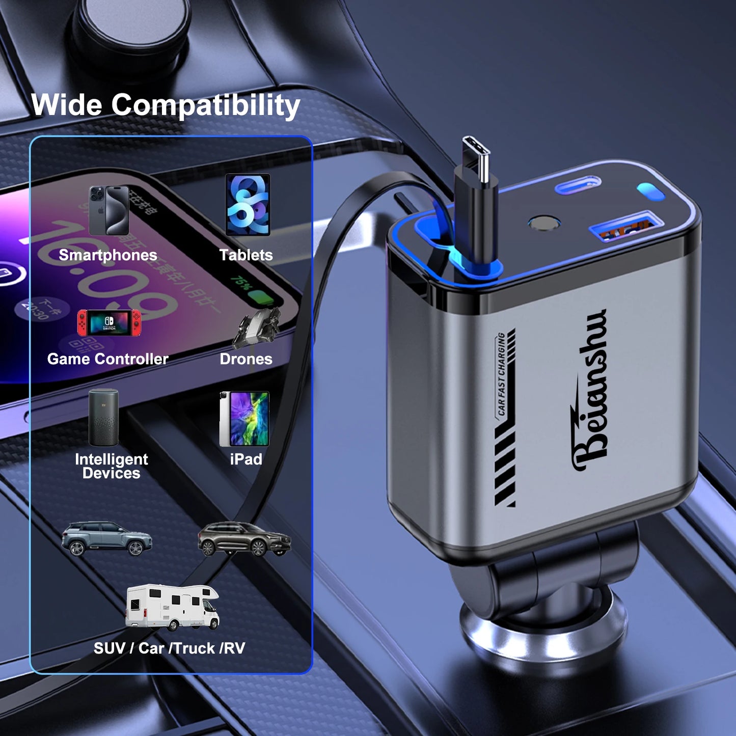 StarCharge 4-in-1 120W Retractable Car Charger with Starry Roof Light