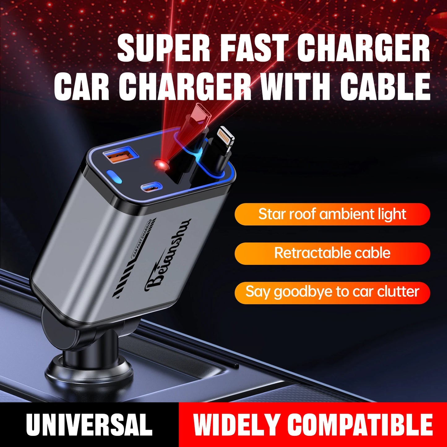 StarCharge 4-in-1 120W Retractable Car Charger with Starry Roof Light